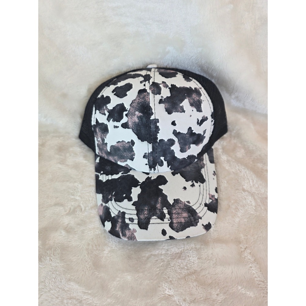Womens Cow Print Trucker Hat Black Mesh Pony Tail Back Adjustable Baseball Cap